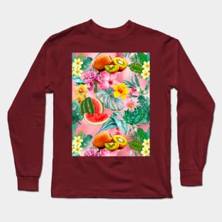 Vibrant tropical leaves pattern, watermelon illustration, tropical plants, pink colorful tropical fruits Long Sleeve T-Shirt